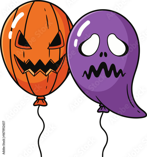 Two spooky Halloween balloons featuring a jack-o’-lantern face and a ghostly purple balloon, perfect for party decorations, invitations, and seasonal illustrations.