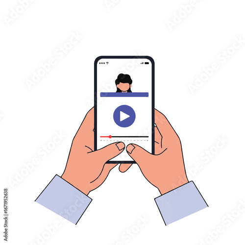 Hands holding smartphone displaying video player interface with woman on screen, suggesting online learning or communication, in a clean, modern style.