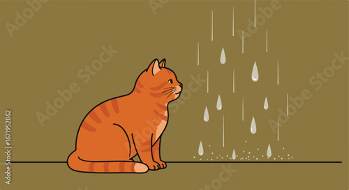 Cat Gazing at Simulated Rain in an Enclosed Space