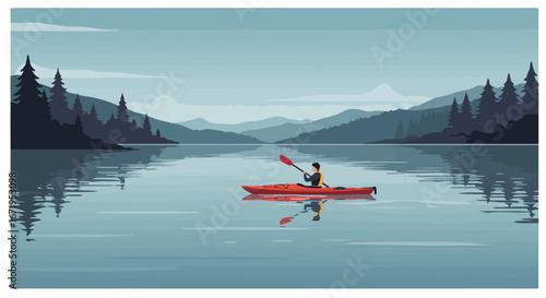 Kayaker Paddling on Serene Lake Surrounded by Mountains and Pine Trees