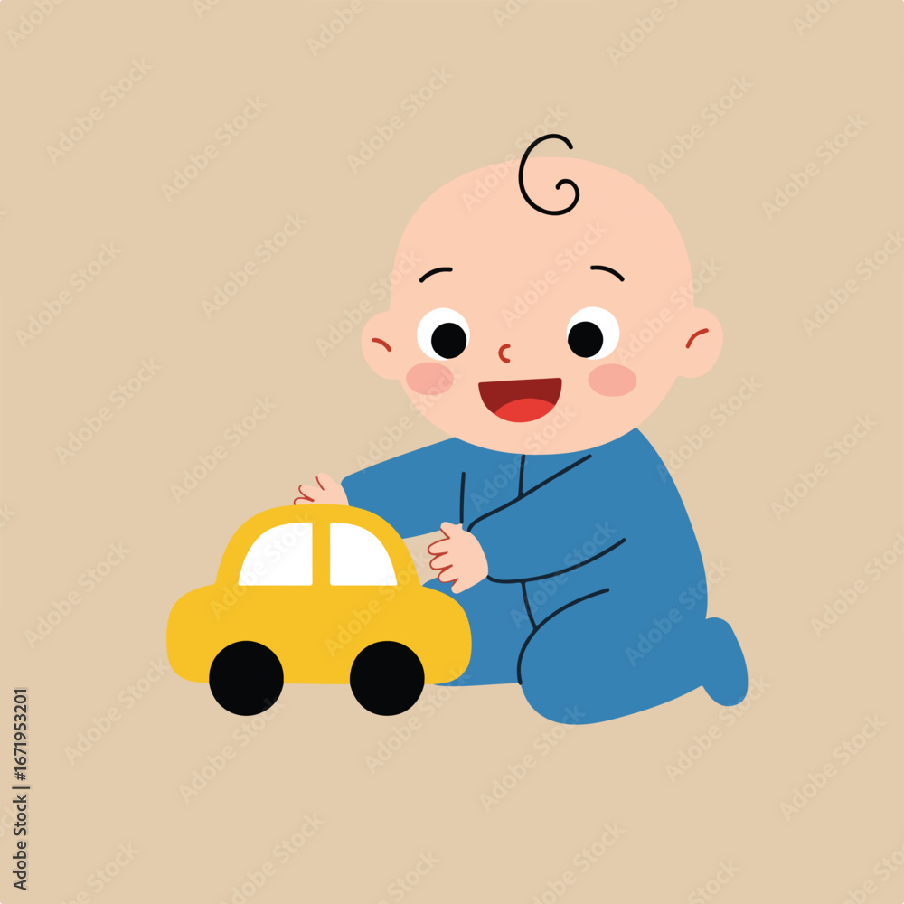 Naklejka premium Baby Playing with Toy Car on Floor