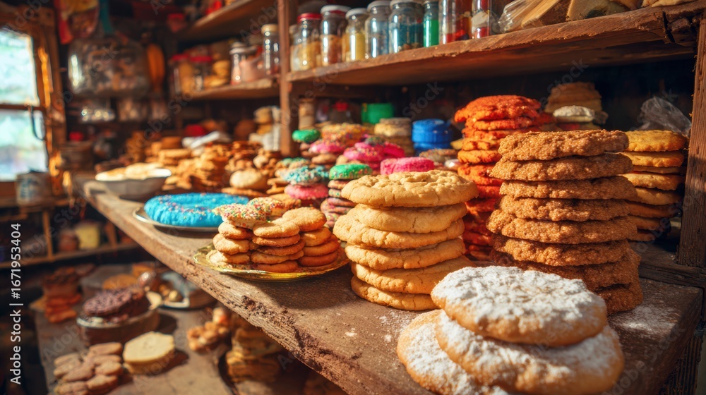 Fototapeta premium Nostalgic Bakery: Traditional Cookies on Wooden Shelves with Warm Glow