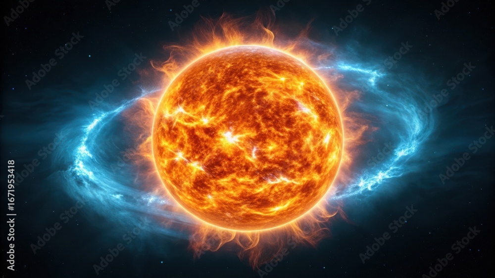 Obraz premium Fiery sun with glowing blue plasma ring and solar flares against a dark cosmic background