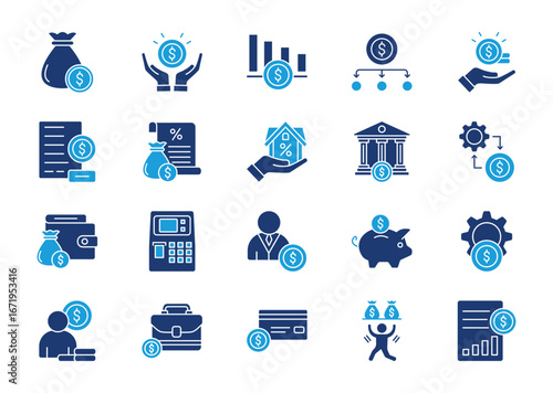 Personal finance thin solid icon set. Containing budget, savings, investment, expense, income