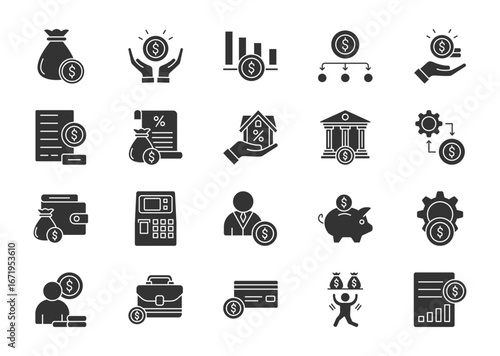 Personal finance thin glyph icon set. Containing budget, savings, investment, expense, income
