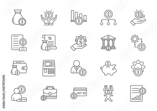 Personal finance thin line icon set. Containing budget, savings, investment, expense, income
