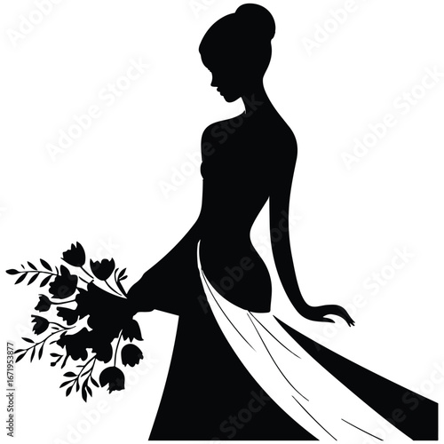 Elegant bride silhouette with wedding dress and bouquet, vector illustration for invitation, decoration, logo, and bridal design in black and white