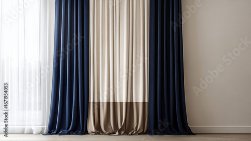 Two-tone layered curtains in neutral beige and deep navy, adding depth and richness to a minimalist room. 