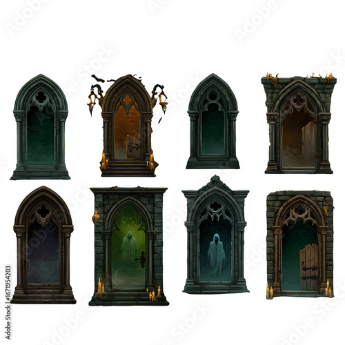 Spooky Doorways PNG Bundle – Haunted Portals to Another World – Isolated on Transparent Background PNG for Fantasy & Halloween Design
