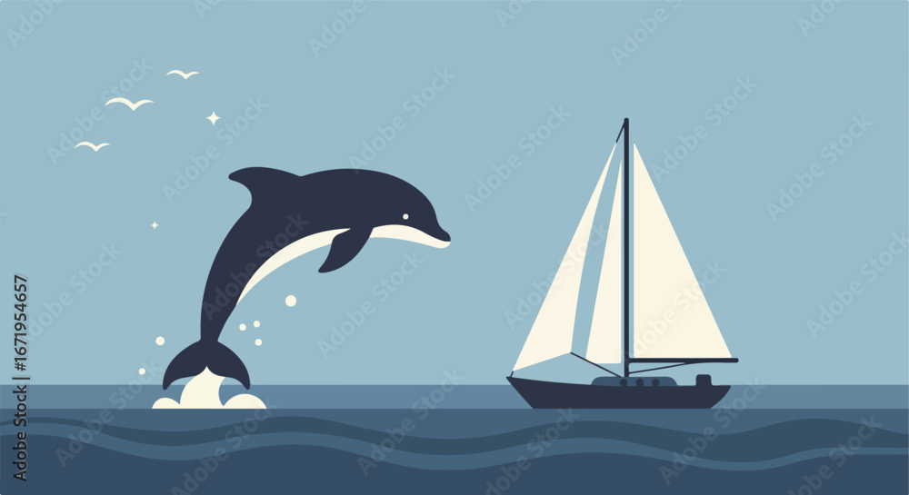 Obraz premium Dolphin Jumping Near Sailboat at Sea