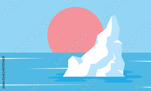 Flat vector illustration of a white iceberg floating in the blue ocean with a large pink sun on the horizon. Minimal arctic landscape in modern style