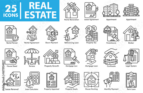 Real estate icon set featuring apartment, rental agreement, mortgage loan, property tax, foreclosure, broker, house hunting, property appraisal, and housing finance symbols.
