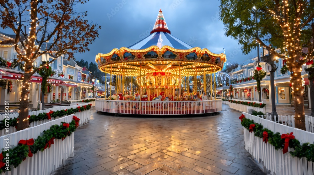 Obraz premium Illuminated carousel shining in christmas decorated amusement park at dusk