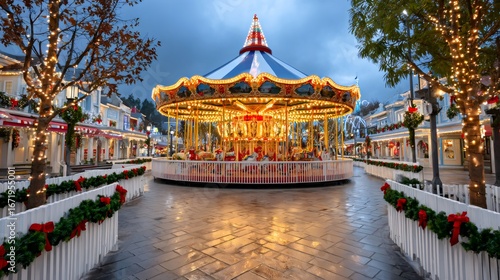 Wallpaper Mural Illuminated carousel shining in christmas decorated amusement park at dusk Torontodigital.ca