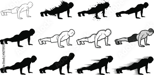 Push‑up exercise silhouette set in varied artistic styles, fitness training vector illustration, workout motion design, strength activity, bodyweight exercise concept