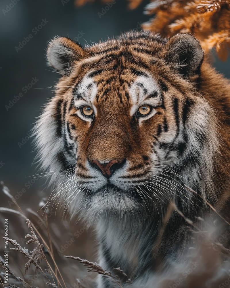 Naklejka premium Closeup portrait of a majestic siberian tiger with striking orange and black stripes, looking intently forward in a natural setting