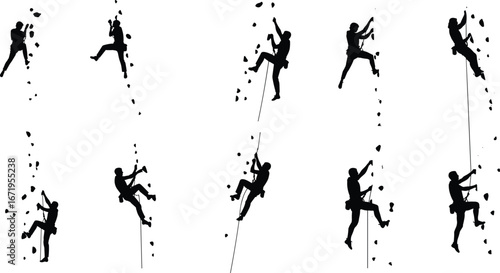 Rock climbing silhouettes, wall climbing poses, adventure sport, extreme challenge, mountaineering techniques, rope climbing, free climbing, outdoor fitness, bouldering, athletes training