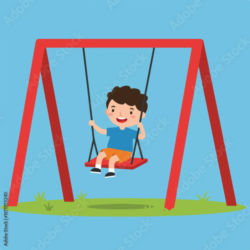 Kid Swinging Happily on Swing Set in Outdoor Playground