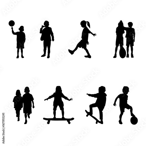 Set of 8 kids - playing, running, skateboarding, and doing sports, activities.