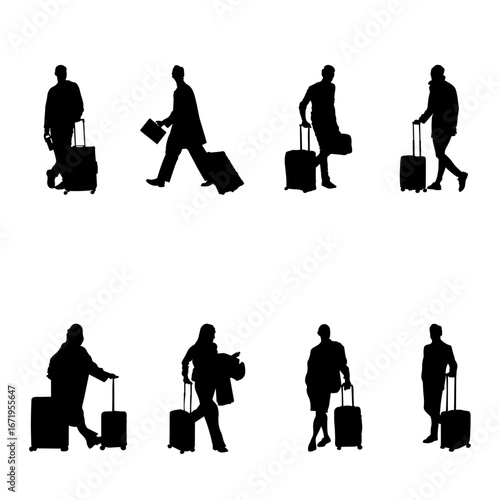 Set of 8 people silhouettes — traveling, sitting, walking.