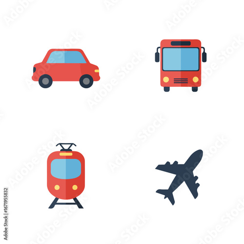 Vector graphics displaying various modes of transportation on a white background