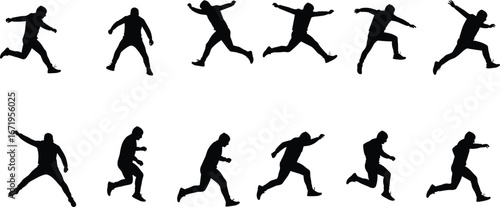 Running and jumping silhouettes, motion sequence, athletic poses, dynamic movement, sport action, athlete training, human motion, fitness, biomechanics, sports science