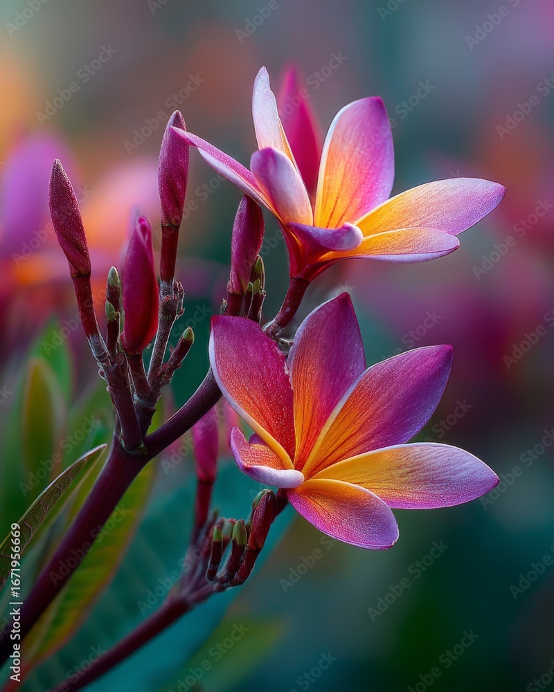 Fototapeta premium Closeup of two vibrant pink and orange plumeria flowers with dew drops, set against a soft, blurred colorful background