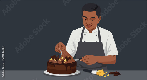 Chef Decorating Chocolate Cake at Kitchen