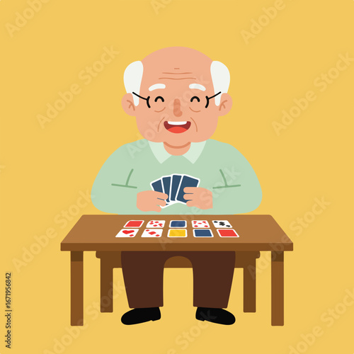 Senior Man Playing Cards at Table Indoors - Relaxing and Enjoying Hobby