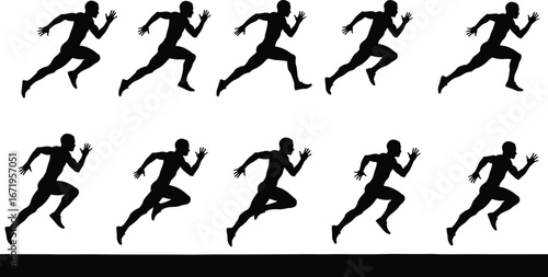 Running motion silhouette sequence, sprint biomechanics illustration, athlete training vector, sports science concept, human movement cycle, fitness, animation frames