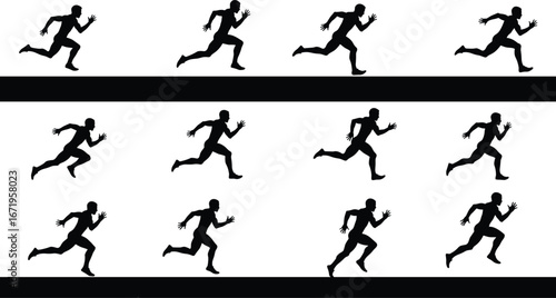 Running motion silhouettes sequence, biomechanics sprint stages illustration, athlete training vector, sports science concept, human movement cycle, fitness, animation frames, speed study