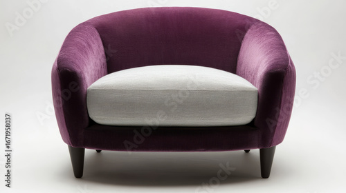 A minimalist armchair with contrasting upholstery: a deep plum backrest and pale gray seat cushion.