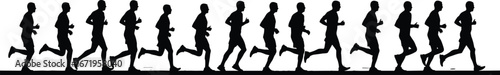 Running motion silhouette sequence, sprint biomechanics illustration, athlete training vector, sports science concept, human stride cycle, fitness, animation frames, speed study