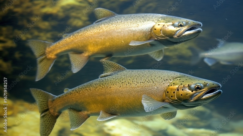 Naklejka premium Two salmon swimming in clear water, rocky riverbed background; for nature, wildlife, or food publications