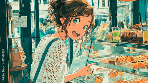 カフェでスイーツを楽しむ女性のイラスト
