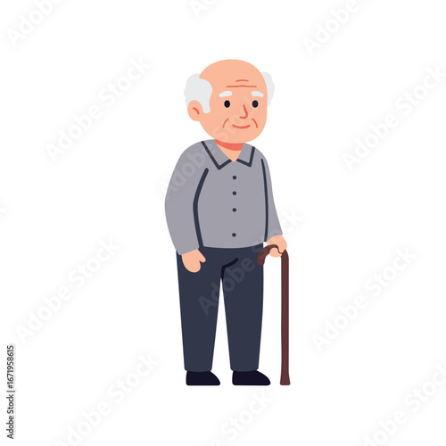 Old man standing, holding cane, isolated on white background