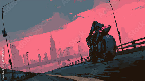 未来的な都市を背景にしたバイクのアート

