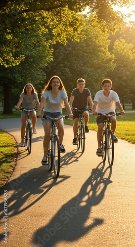 Bike Ride in the Park: A group of friends embark on an afternoon cycling adventure, the radiant sunlight casting a warm glow on the picturesque path. Enjoying the moment together.