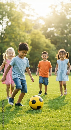 Joyful Playground: A vibrant group of children engaged in a lively soccer game in the bright sunshine, laughter and camaraderie fill the air. Capturing the pure joy of childhood play and friendship.