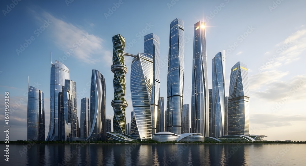 Fototapeta premium Futuristic city skyline with modern skyscrapers reflecting in the water on a cloudy day