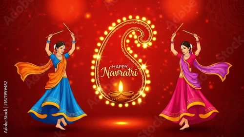 Happy Navratri Festival Celebration with Traditional Garba Dance Performances by Women in Colorful Indian Attire, Illuminated by a Decorative Lamp against a Festive Red Background