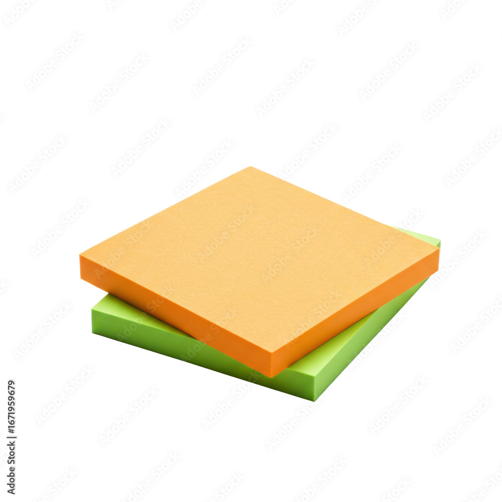 Fototapeta premium Stacked Orange and Green Sticky Notes Isolated on White Background