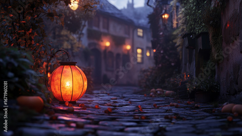 A glowing orange lantern lighting up a cobblestone street during a festive evening 