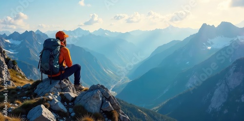 A lone hiker's backpack sits atop a rocky peak, overlooking a vast, breathtaking mountain vista; sunlit, adventurous journey, scenic landscape , travel, challenge, wildlife