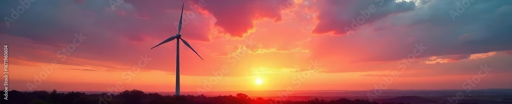 Fototapeta premium A lone wind turbine gracefully rotates against a vibrant sunset sky, its blades catching the last rays of light The scene evokes a sense of clean energy and quiet power , landscape, red