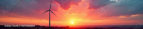 A lone wind turbine gracefully rotates against a vibrant sunset sky, its blades catching the last rays of light The scene evokes a sense of clean energy and quiet power , landscape, red