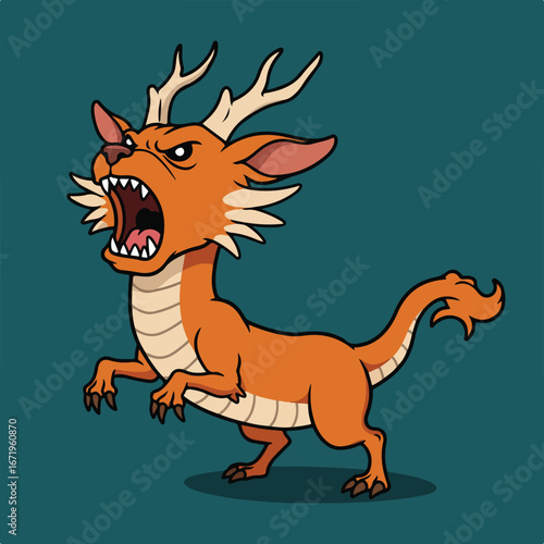 Cartoon Dragon Roaring on Teal Background