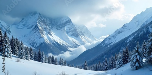 A majestic mountain range shrouded in a heavy snowstorm, with snowdrifts blanketing the peaks and valleys The fierce winter weather creates a dramatic and powerful scene , powerful, picturesque