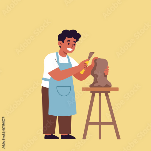 Man Carving Clay Sculpture on Wooden Stand in Studio