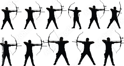 Silhouette sequence of archer using bow and arrow, ten stages of archery technique, sports illustration for training and competition concepts
